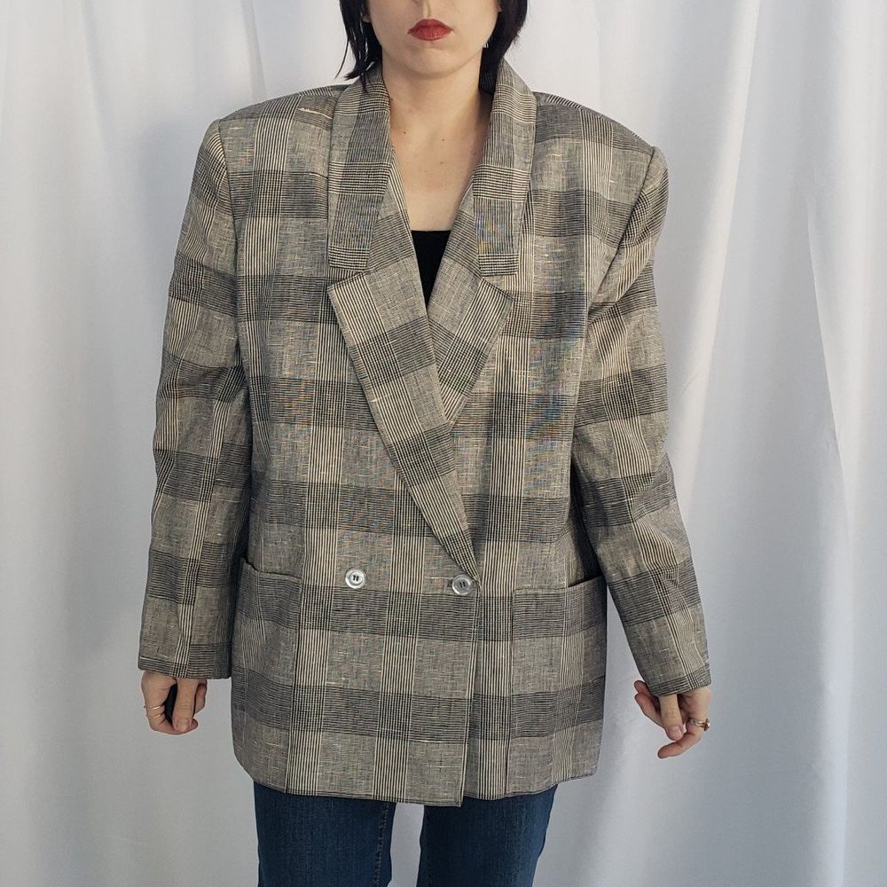90s Gray‎ Plaid Linen and Cotton Blazer